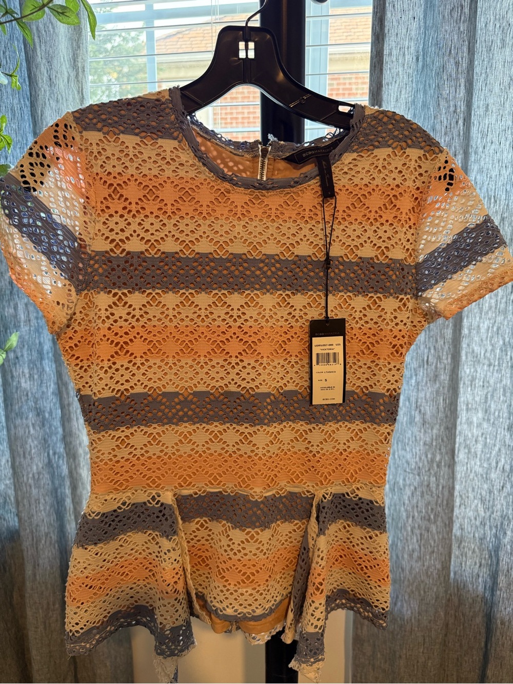 BCBGMaxAzria Peach and lavender Lace Peplum Top